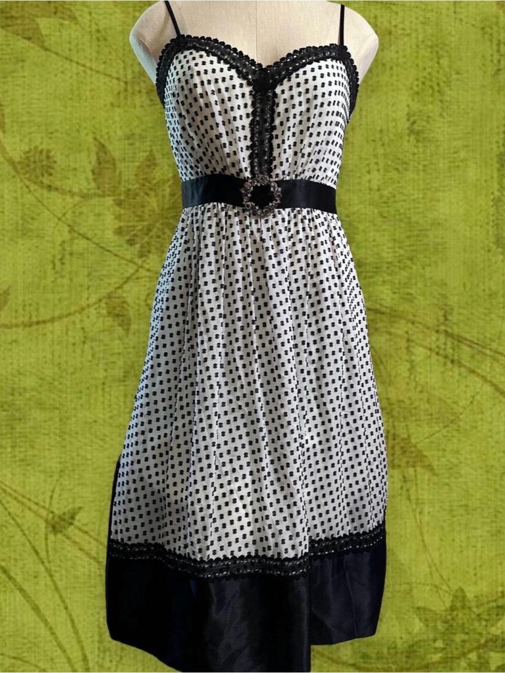 Y2K Silk BCBGMaxAzria Black and White Polka Dot Empire Waist Midi Dress